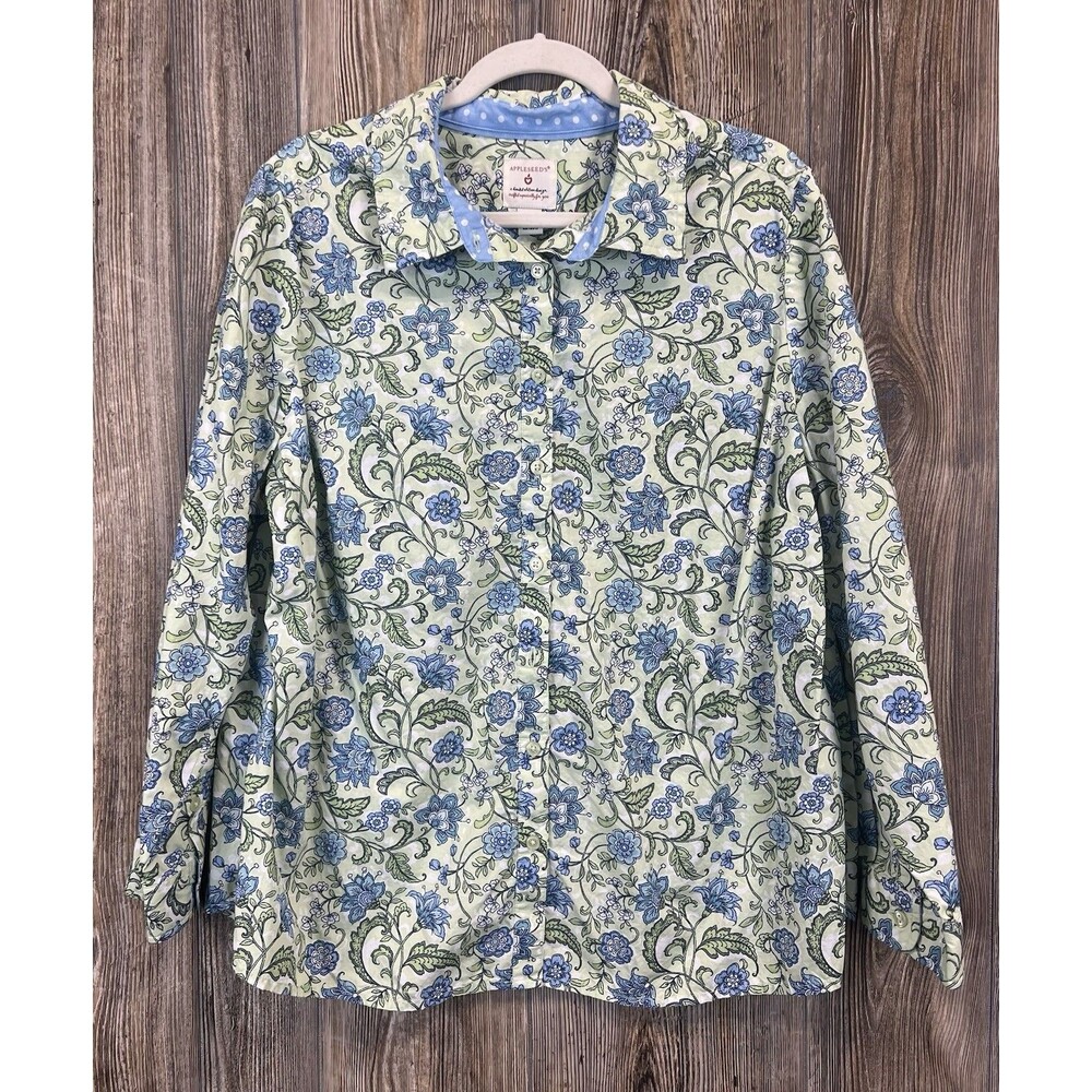 Appleseeds Shirt Women's Plus 18W‎ Green/Blue Paisley Button Down Blouse Office